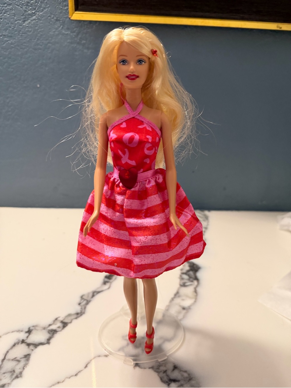 2002 Mattel “XO Valentine” Barbie  Fashion Doll Pink Red Patterned Holiday Dress